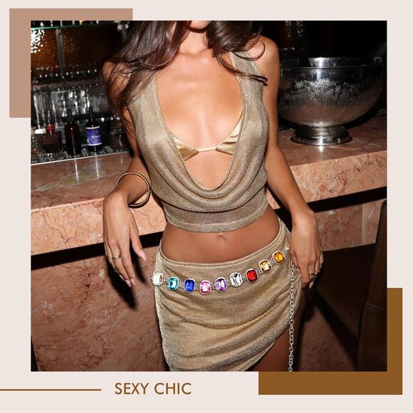 Women's Silver Square Rhinestone Waist Chain Belt Y2K Festival Chain Belt Dress - Picture 3 of 7